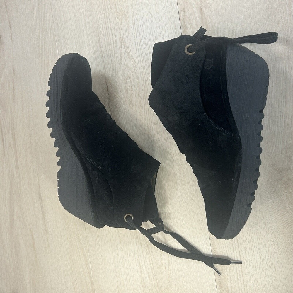 FLY London YEBI Black Suede Ruched Ankle Wedge Boots Tie-Back Womens 40 / 9-9.5 - Picture 11 of 12